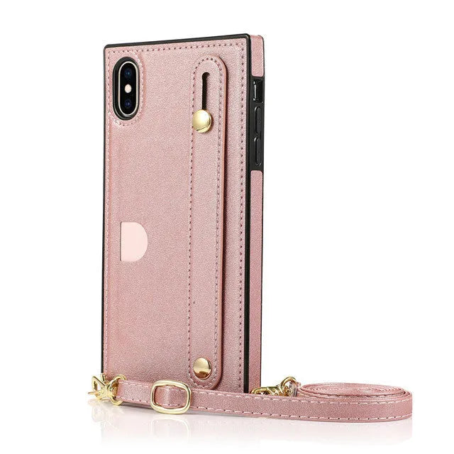 Leather messenger phone case with card holder and wristband in black, red, rose gold, green, or purple for iPhone