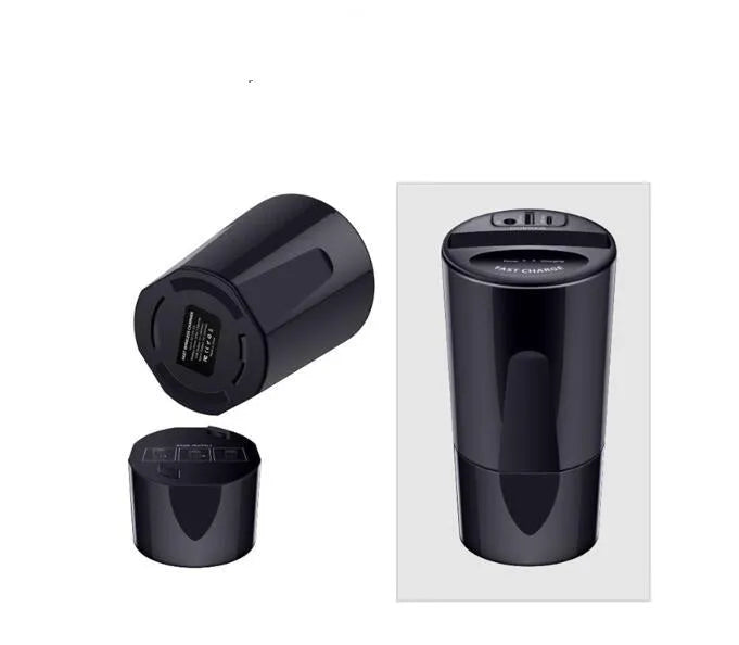 Black X9 car wireless charging cup and base for QI smartphones with Micro USB cable.