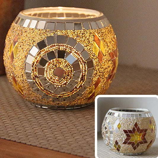 Mosaic glass candle holder in vibrant colors with elegant mosaic pattern