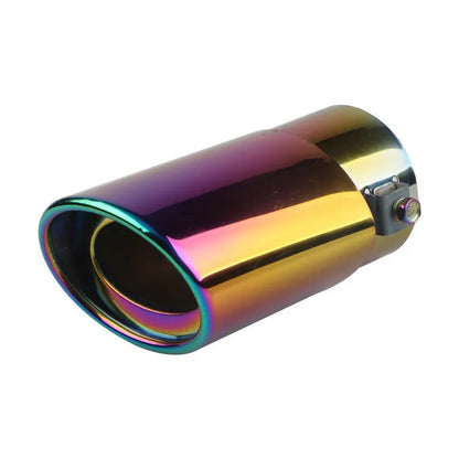 Stainless steel car exhaust tailpipe in straight and curved styles with baked blue, silver, and colourful finishes.