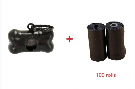Compact, refillable dog poop bag storage and dispenser box with a roll of large waste bags and a carrying loop for easy transport