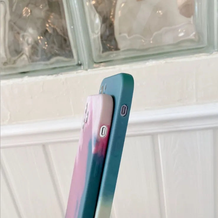 Silicone iPhone case with oil painting gradient design in blue, green, pink, or purple colours