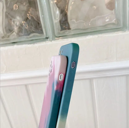 Silicone iPhone case with oil painting gradient design in blue, green, pink, or purple colours