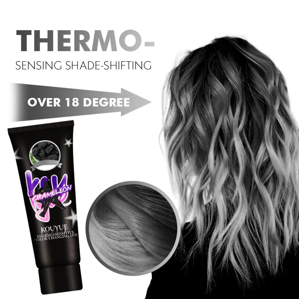 Thermochromic hair dye cream that changes color at 18°C, available in green yellow and black silver