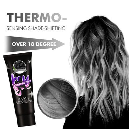 Thermochromic hair dye cream that changes color at 18°C, available in green yellow and black silver