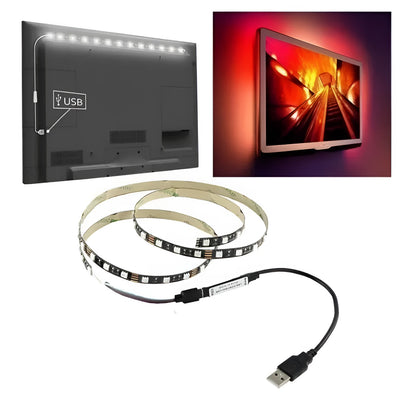 USB-powered flexible LED light strip showing SMD5050 LEDs along 1-metre length with connected USB cable