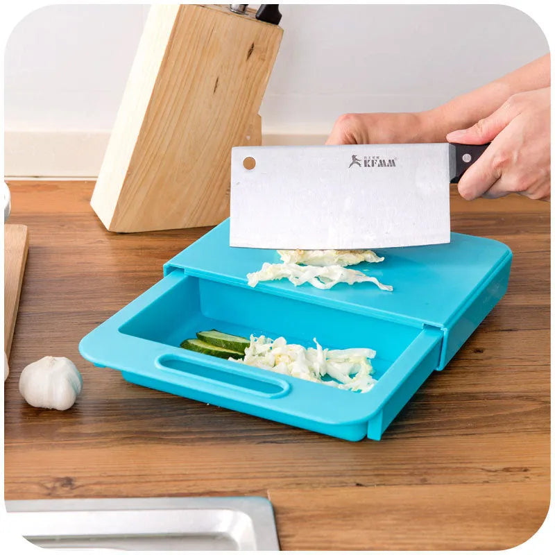 Blue multifunction kitchen chopping board with integrated drain basket and TPE handle