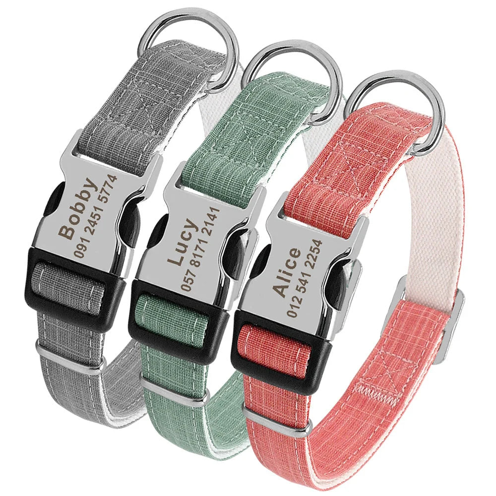 Custom engraved nylon dog collar with adjustable strap and personalized tag in various colors