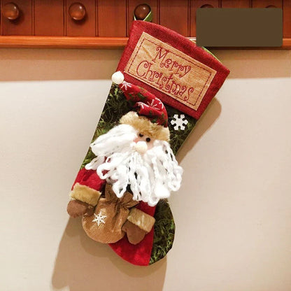 Festive Burlap Christmas Stockings with 3D Appliqué Designs of Santa, Snowmen, and Elk