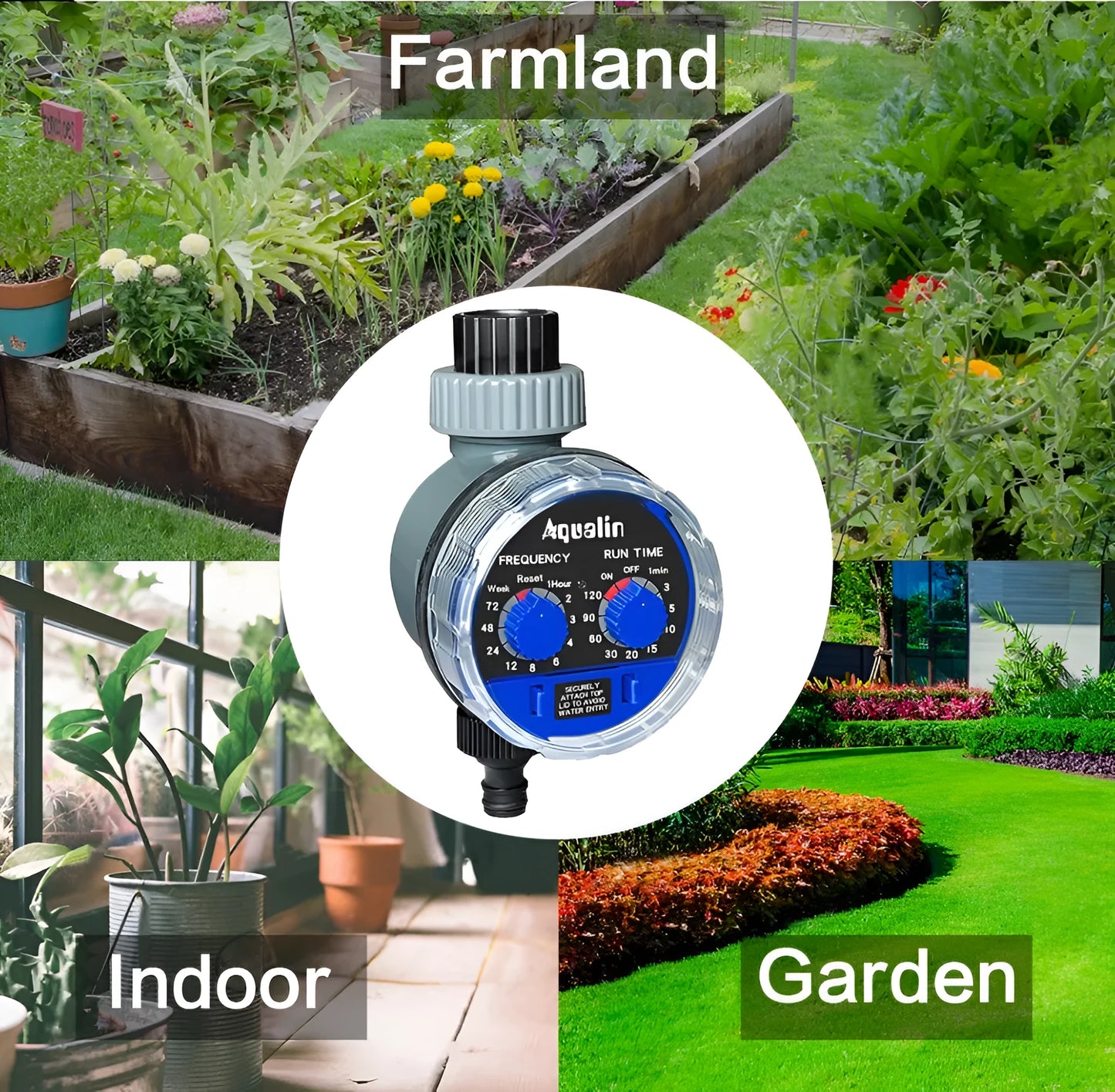 Automatic battery-powered garden water timer with digital display attached to a silver indoor faucet.