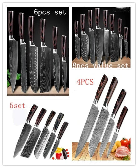 Premium 8-Piece Stainless Steel Chef Knife Set with Elegant Damascus Pattern Blades and Ergonomic Handles