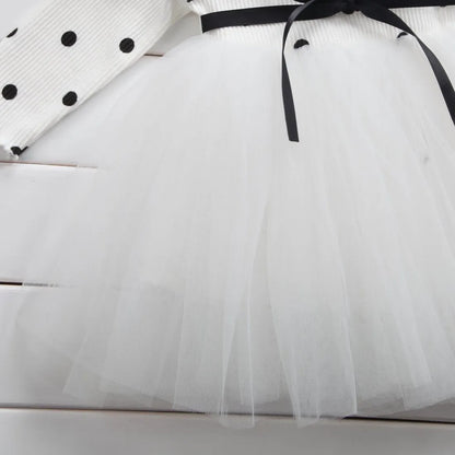 Baby girl's long sleeve black tutu lace dress with lace trim, shown on a hanger.