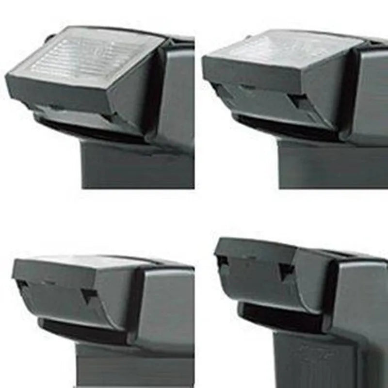 Compact black SLR camera flash unit with head tilted upwards, showing hot shoe mount.