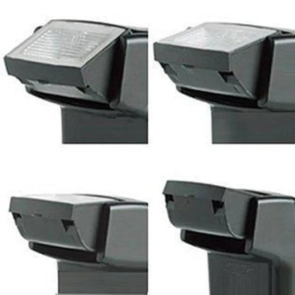 Compact black SLR camera flash unit with head tilted upwards, showing hot shoe mount.