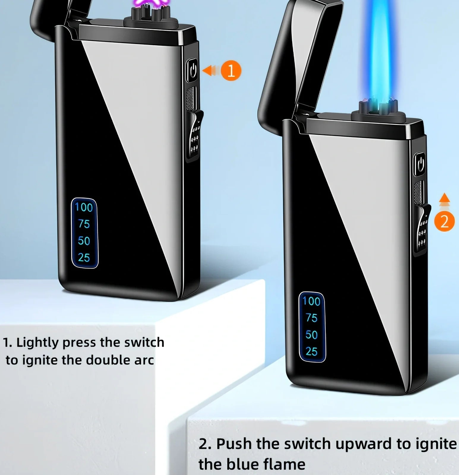 Metal windproof electric lighter showing compact 77.5mm design with USB charging port and flame adjustment