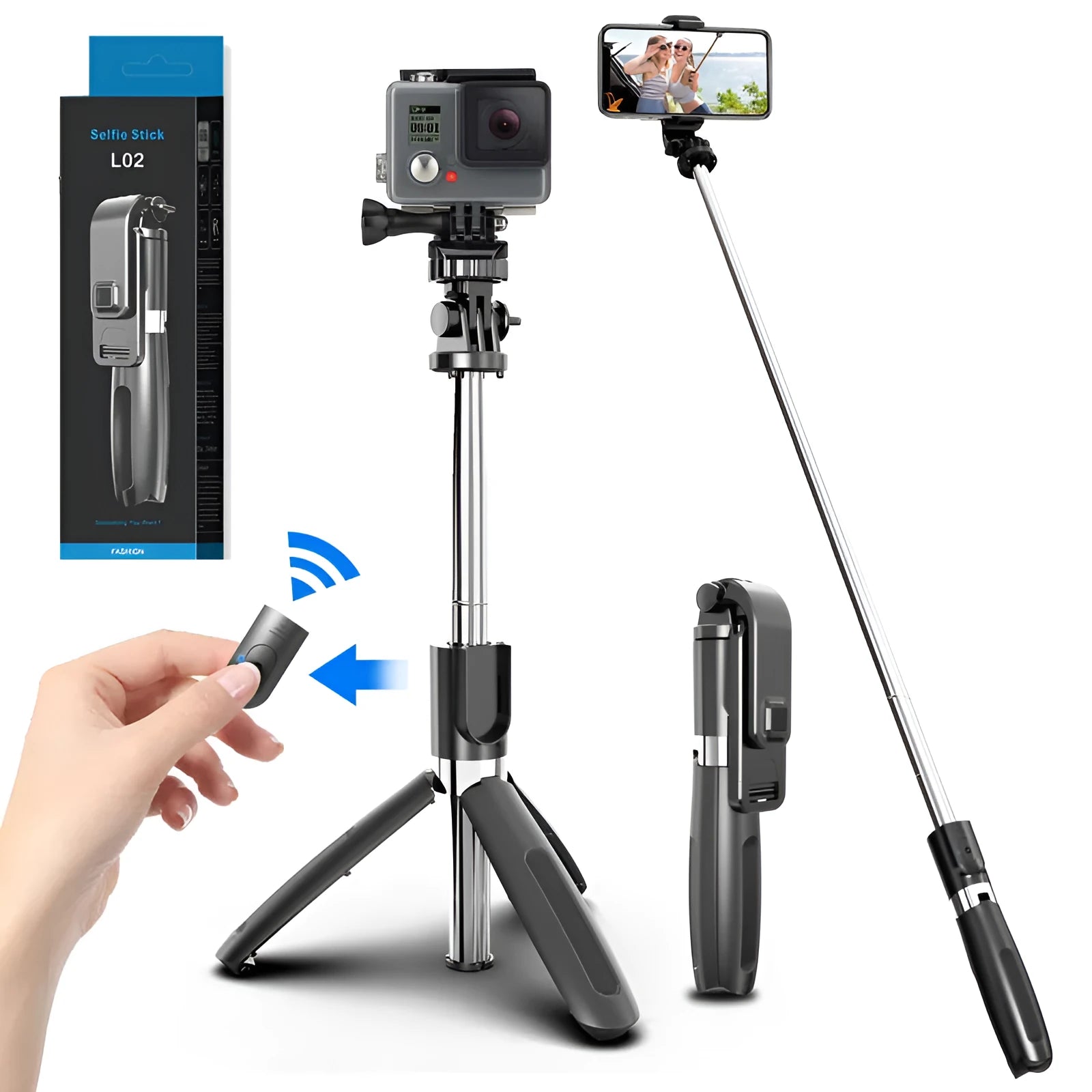 Black and white Bluetooth selfie stick with tripod legs extended and wireless remote control.