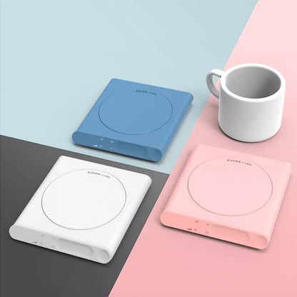 Adjustable Thermostat Coaster in white, blue, and pink with USB interface