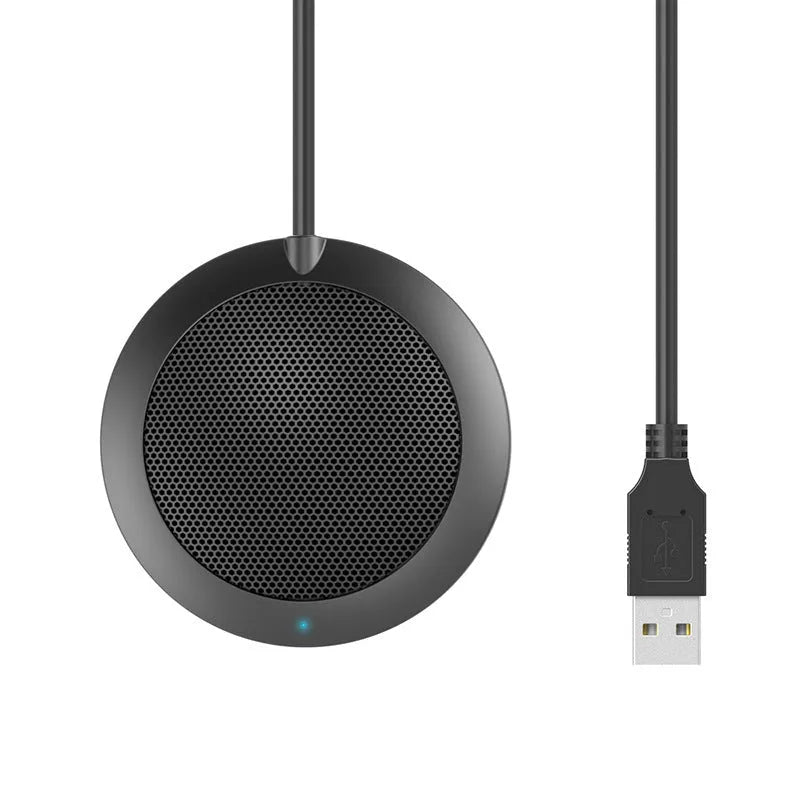 Black omnidirectional USB microphone with zinc alloy shell and metal mesh cover, 70mm diameter