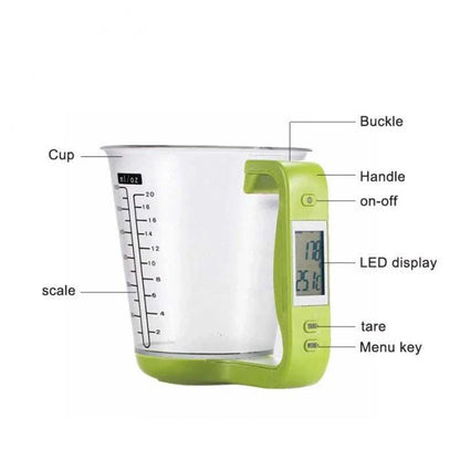 Digital kitchen scale with measuring cup, weight and temperature display