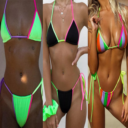 Candy-colored stitching halter bikini in black, green, and multicolor options