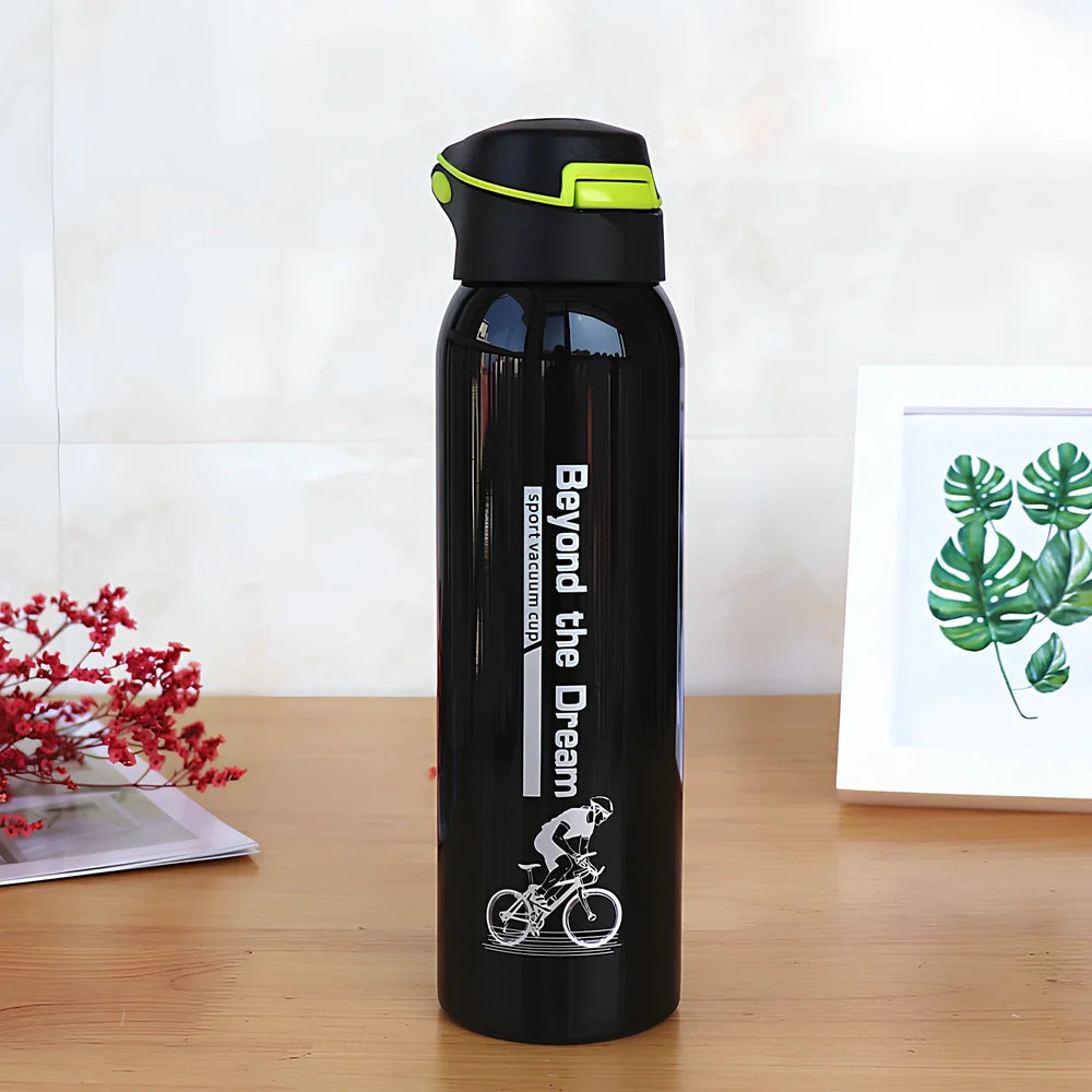 500ml stainless steel sport thermos water bottle in pink, black, green, and silver colours showing straight-cut design
