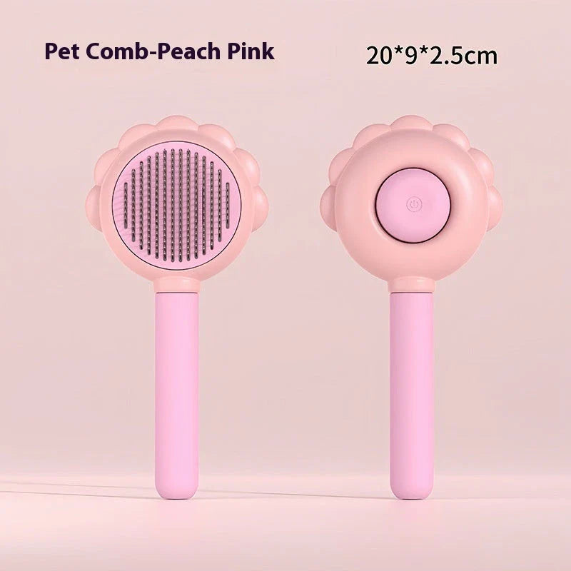 A versatile pet grooming brush with a built-in spray function for efficient hair removal and a calming grooming experience