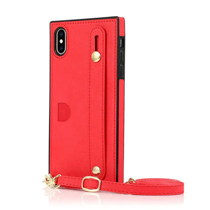 Leather messenger phone case with card holder and wristband in black, red, rose gold, green, or purple for iPhone
