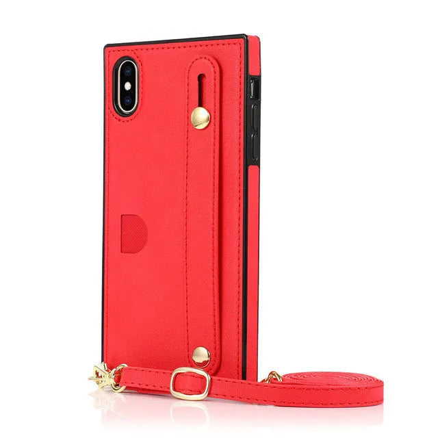 Leather messenger phone case with card holder and wristband: 0.1kg lightweight design, anti-scratch protection, and secure phone holster for iPhone models 6 to 12 Pro Max