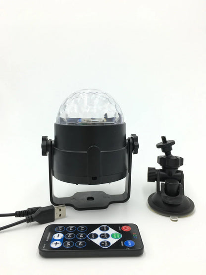 Crystal magic ball LED party lights with remote control showing RGB lighting effects