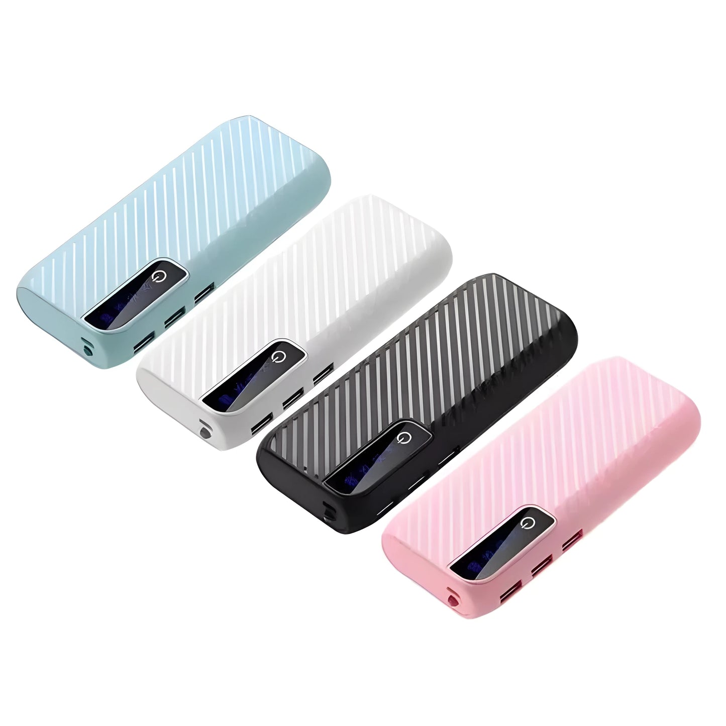 20000mAh mini power bank with compact 142mm design showing dual USB ports for fast charging