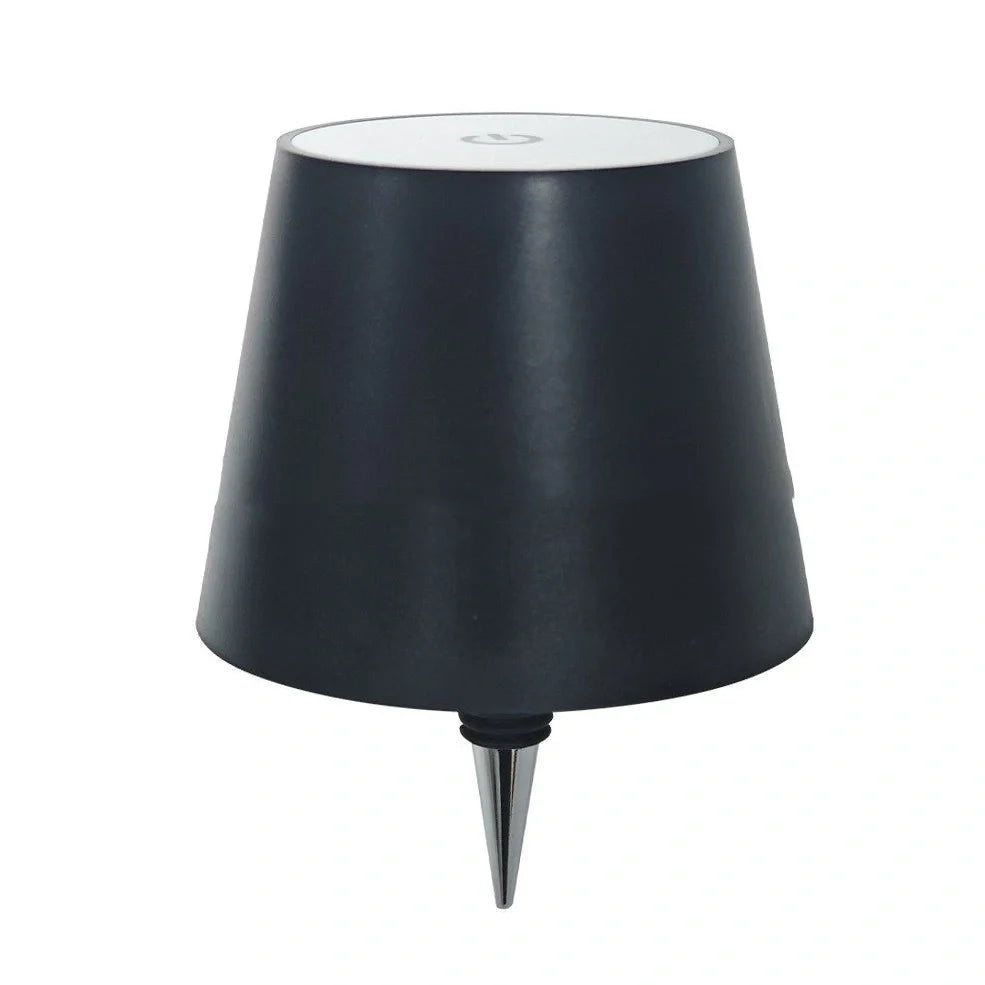 Wireless LED desk lamp with wine bottle design showing detachable components and touch control panel