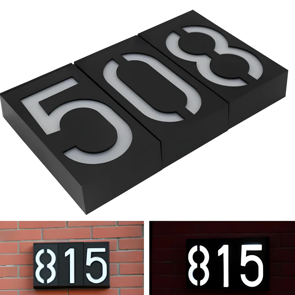 Solar powered house number with LED illumination showing waterproof construction and concealed mounting