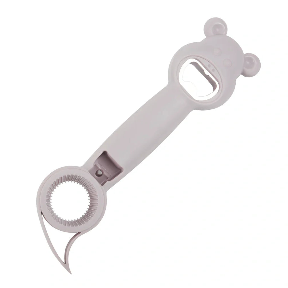 Bear-shaped 4-in-1 stainless steel bottle opener in gray blue, 21 cm long for jars cans and beers