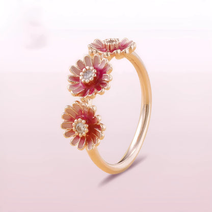 Pink daisy ring in 925 sterling silver with micro-inlay gemstones, five sizes 50mm to 58mm.
