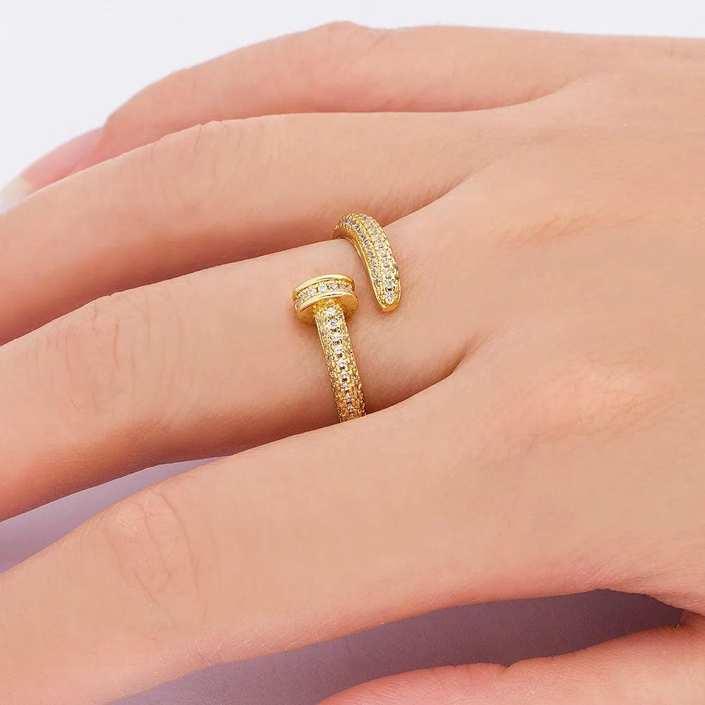 Personalized nail ring in gold with geometric metal design and inlaid drill detail, adjustable opening
