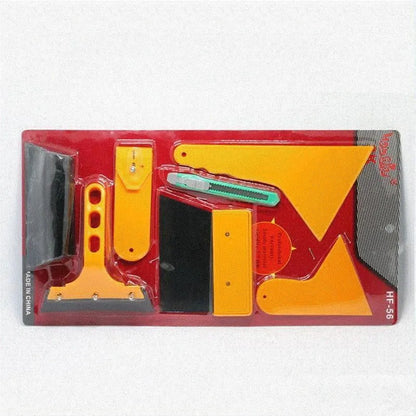 Seven-piece car foil tool set with scrapers, knives, and pressing block for film application