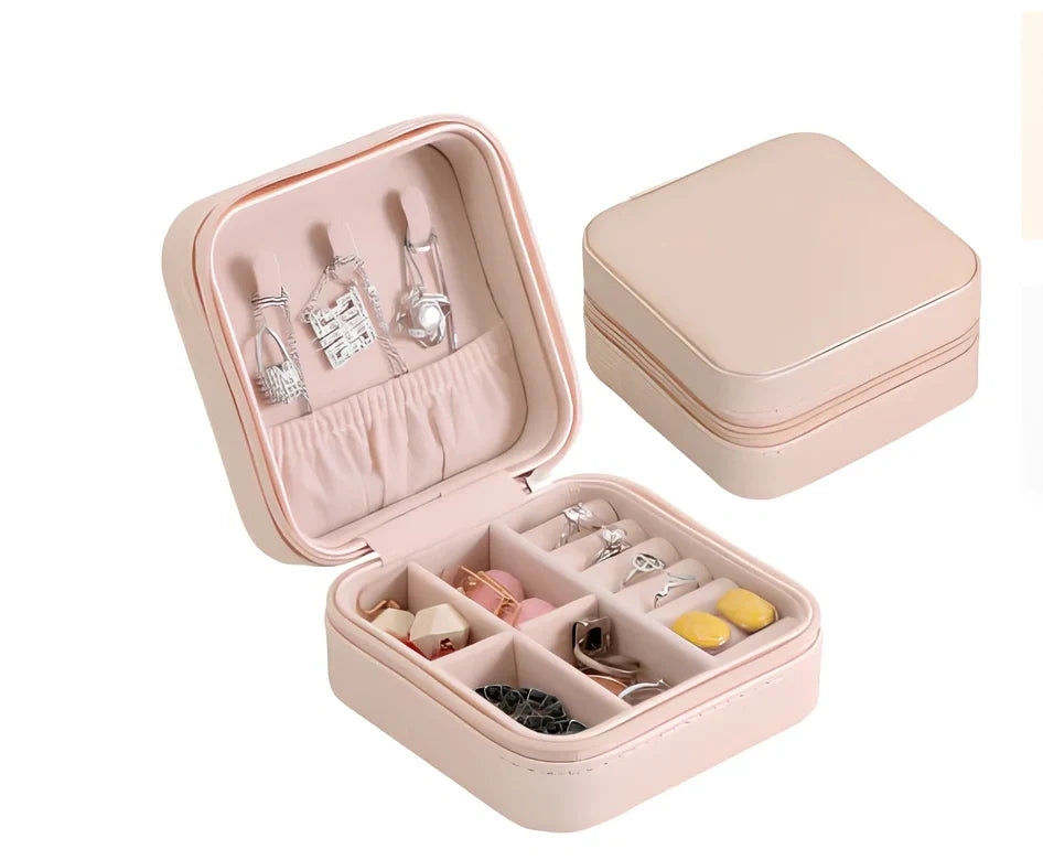 Three-layer travel jewellery box with PU leather exterior and secure closure for organised accessory storage