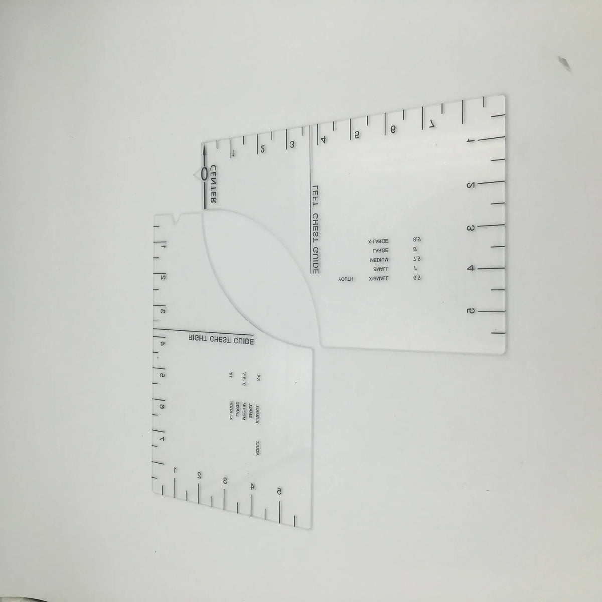 Transparent acrylic sewing patch ruler measuring 10x6 inches for T-shirt alignment
