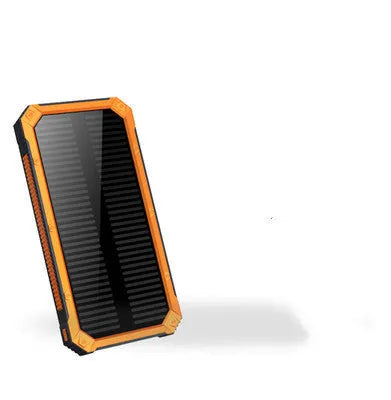 Orange portable solar power bank with USB port and solar panel, showing dimensions of 161x79x17mm.