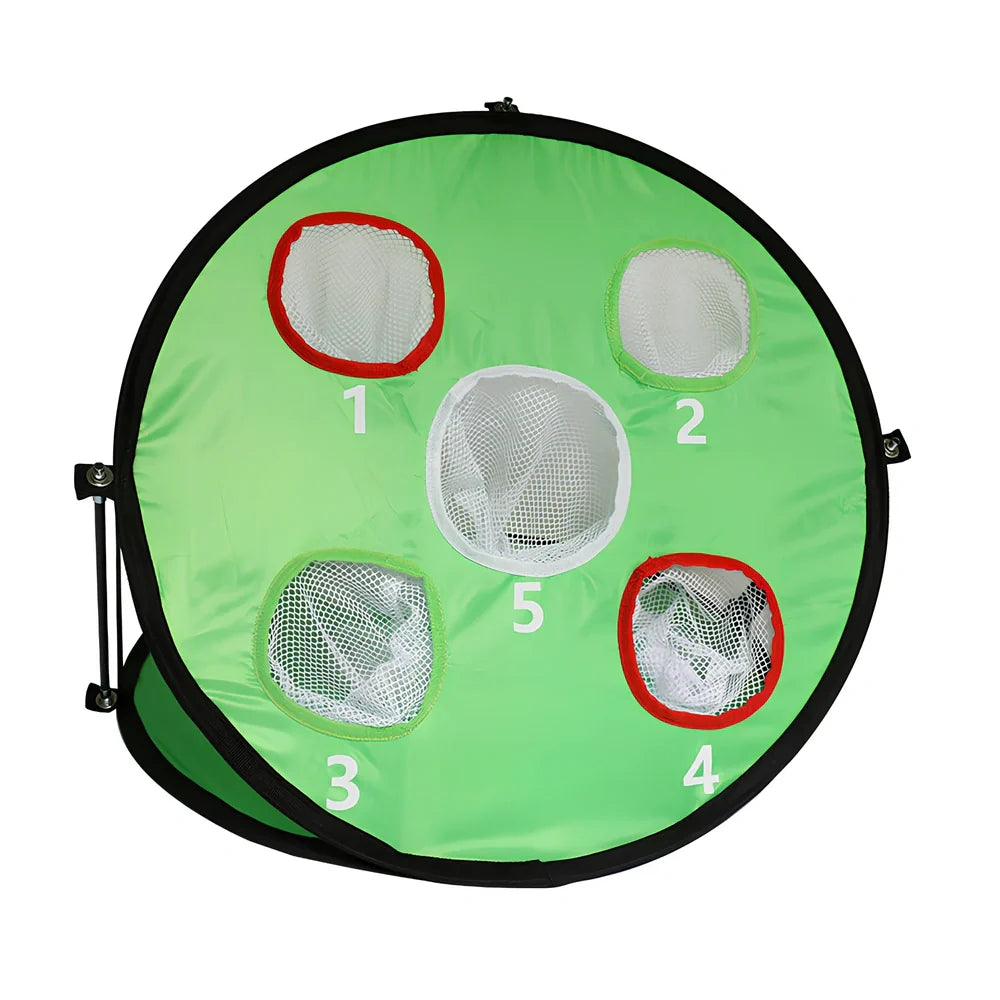 Green portable golf practice net with fibre glass frame unfolded to 57cm x 50cm dimensions