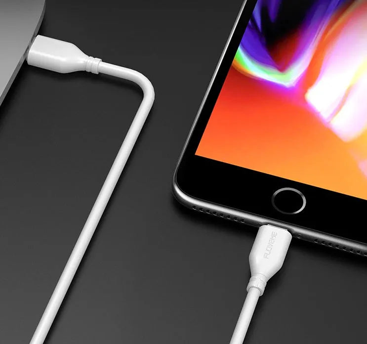 White one-metre USB-C to Lightning charging cable for iPhone on a plain background