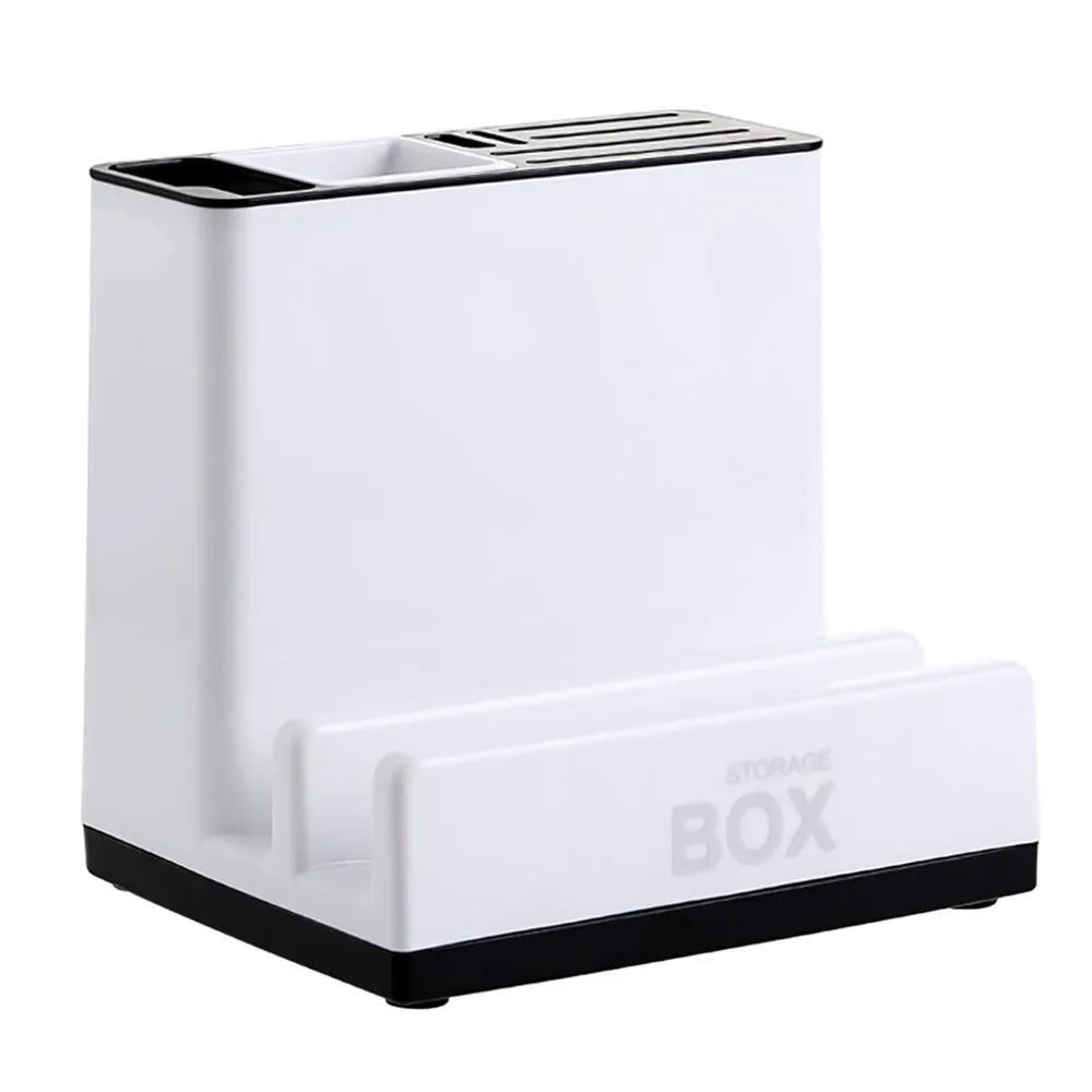 White plastic desktop kitchen knife storage rack with integrated shelf and individual partitions.