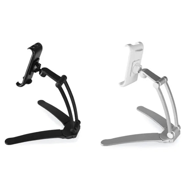 Aluminium alloy desktop tablet stand with adjustable clips on a 23.5cm base, holding a tablet at an angle