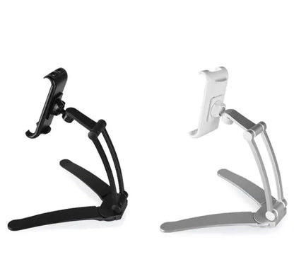 Aluminium alloy desktop tablet stand with adjustable clips on a 23.5cm base, holding a tablet at an angle
