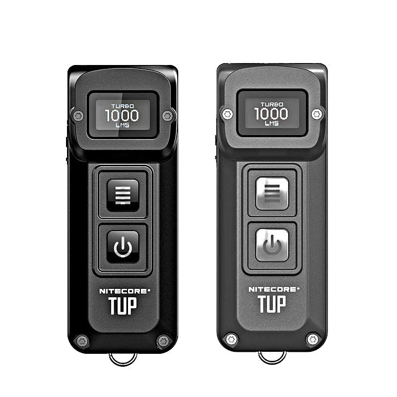 Rugged metal keychain flashlight with bright CREE LED light, OLED display, and durable construction
