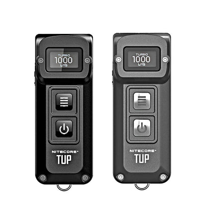 Rugged metal keychain flashlight with bright CREE LED light, OLED display, and durable construction