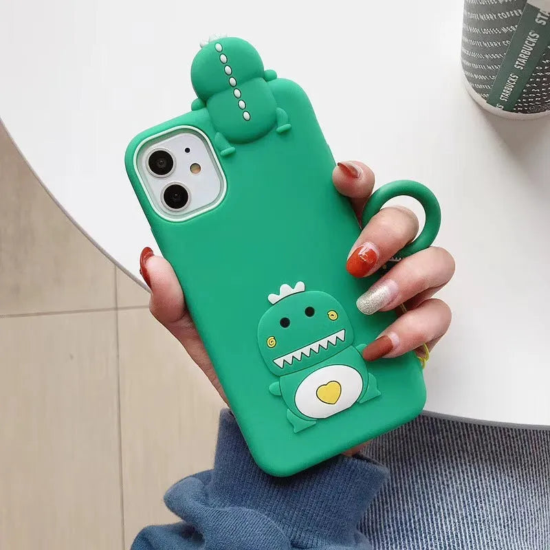 Green silicone iPhone case with animal cartoon design showing drop and waterproof protection features