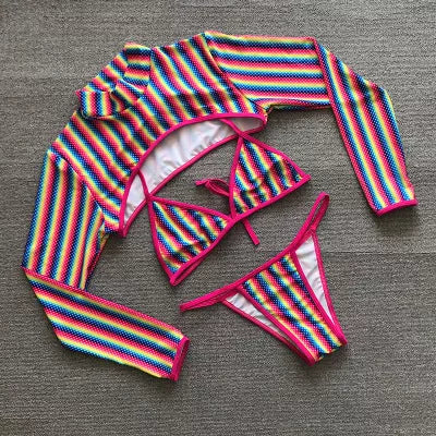 Rainbow striped bikini set with chest pad for swimming and dance sports