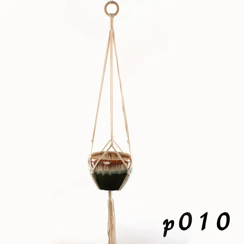 Woven wire lattice plant holder with natural cotton rope, shown in a rustic style supporting a green plant.