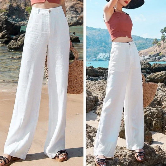 Women's cotton and linen high-waist straight leg pants in a variety of colors
